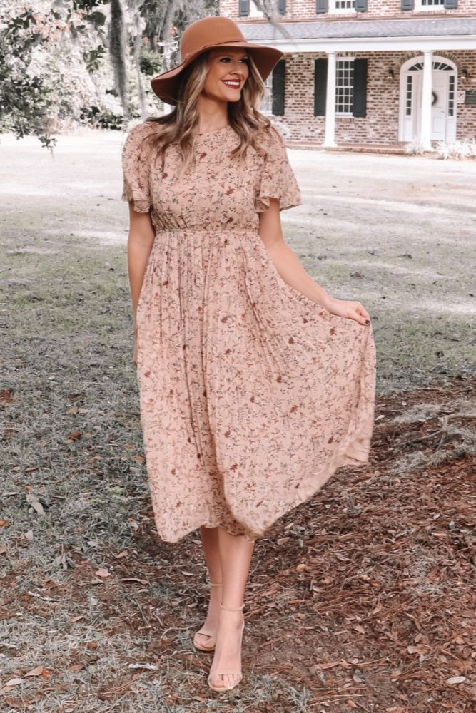 Pleated Chiffon Midi Dress - Beige Floral by PinkBlush (view 11 of 12)
