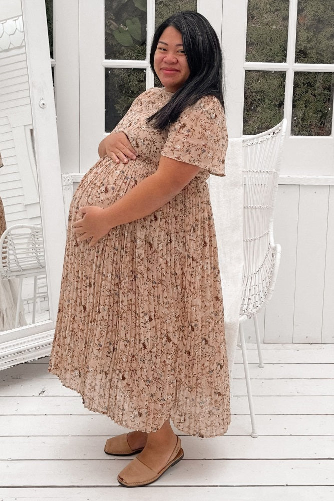 Chiffon Maternity Midi Dress - Floral Pleated by PinkBlush