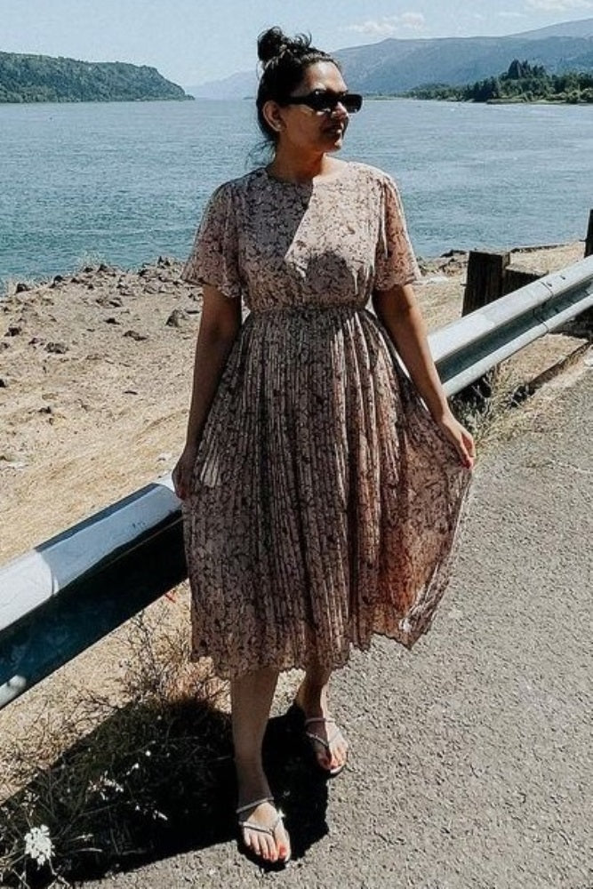 Pleated Chiffon Midi Dress - Beige Floral by PinkBlush (view 12 of 12)