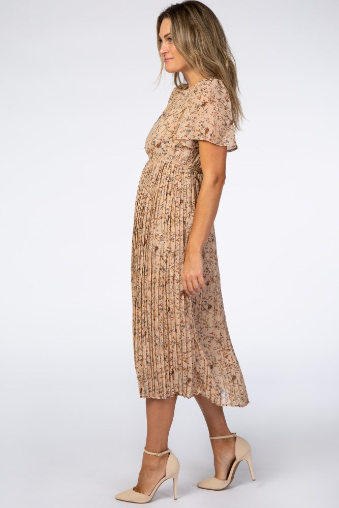 Pleated Chiffon Midi Dress - Beige Floral by PinkBlush (view 2 of 12)