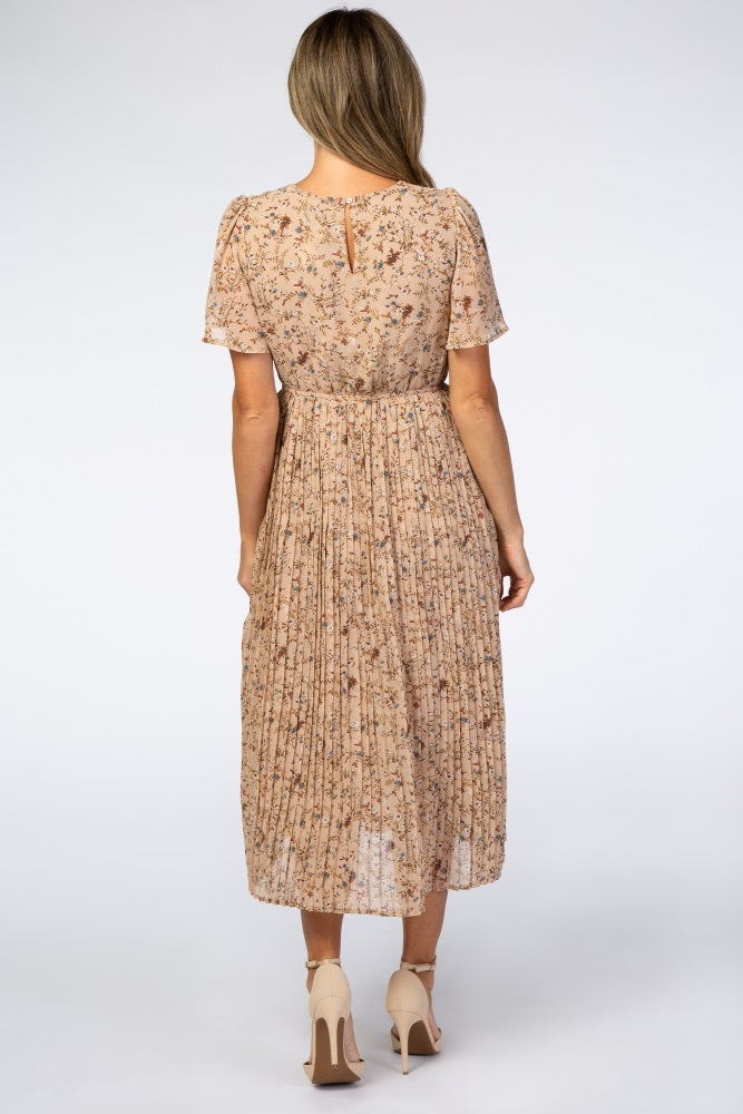 Pleated Chiffon Midi Dress - Beige Floral by PinkBlush (view 3 of 12)