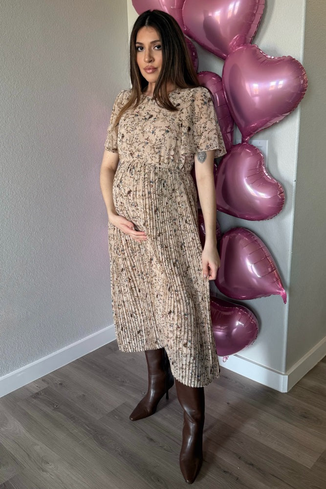 Chiffon Maternity Midi Dress - Floral Pleated by PinkBlush
