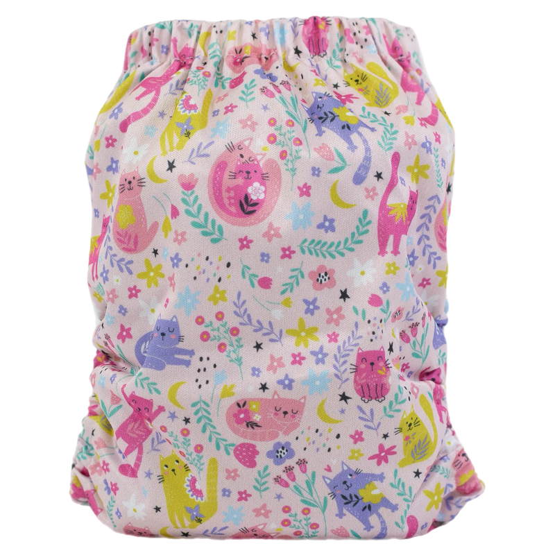 Colorful slim fit pocket cloth diaper with cat print, designed for 8-40 lbs babies, featuring adjustable snaps and moisture-wicking material.