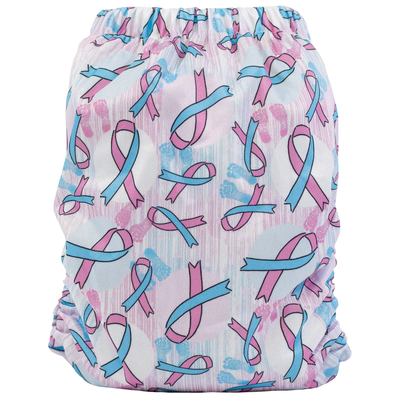 Slim Fit Pocket Cloth Diaper with ribbon pattern, suitable for 8-40lbs, features wide pocket and tummy panel.