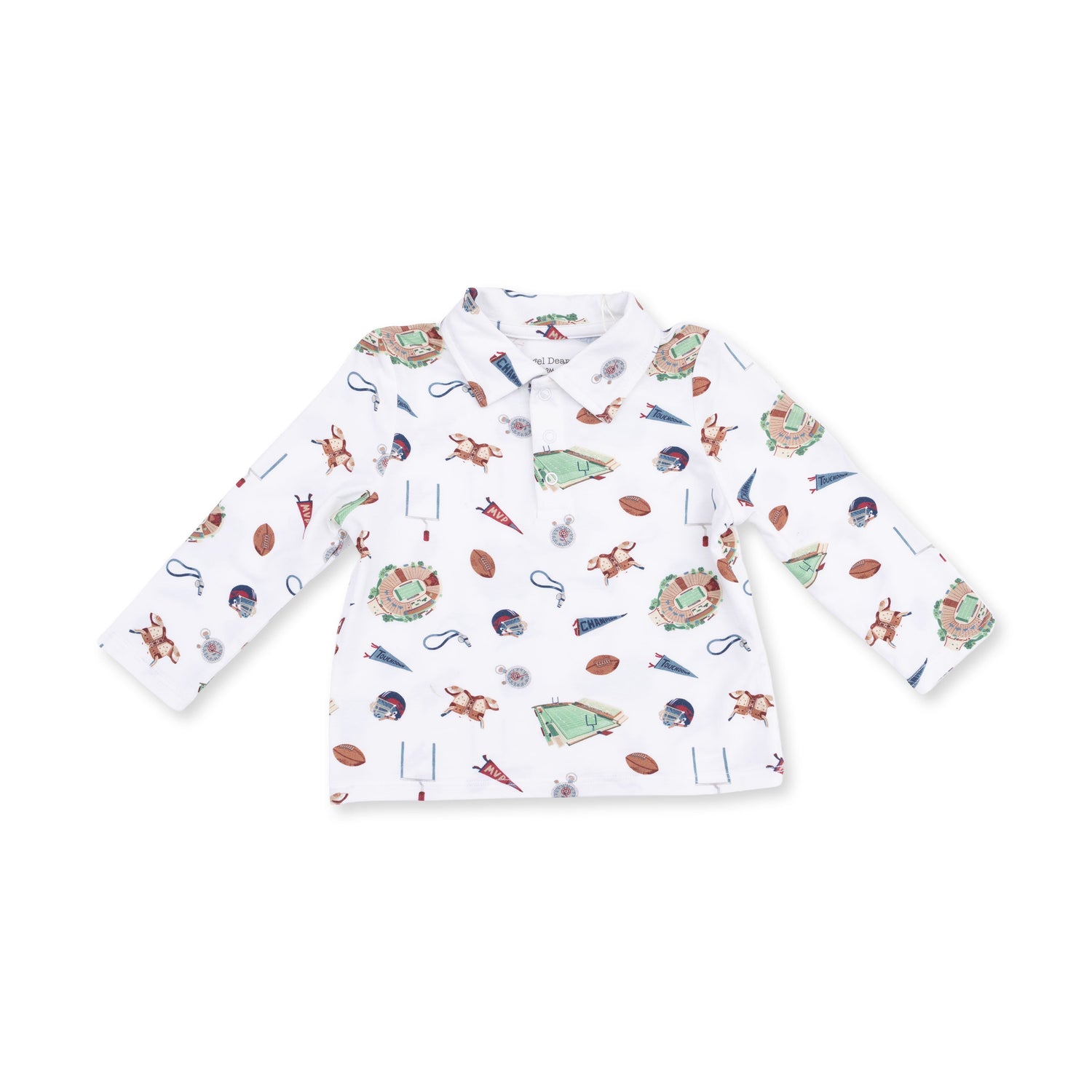 Long-sleeve baby polo shirt with a vintage football print, soft collar, and snap-button placket