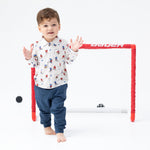 Baby two-piece set with hockey players print long sleeve polo shirt with collar and snap placket, plus matching joggers