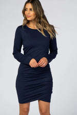 PinkBlush Navy Blue Fitted Dress with Wrap Hem for Elegant Casual Outings - Apparel & Accessories > Clothing > Dresses Apparel & Accessories > Clothing > Dresses