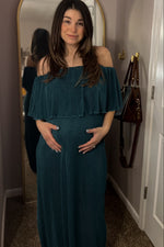 Forest Green Pleated Ruffle Off Shoulder Maternity Maxi Dress by PinkBlush