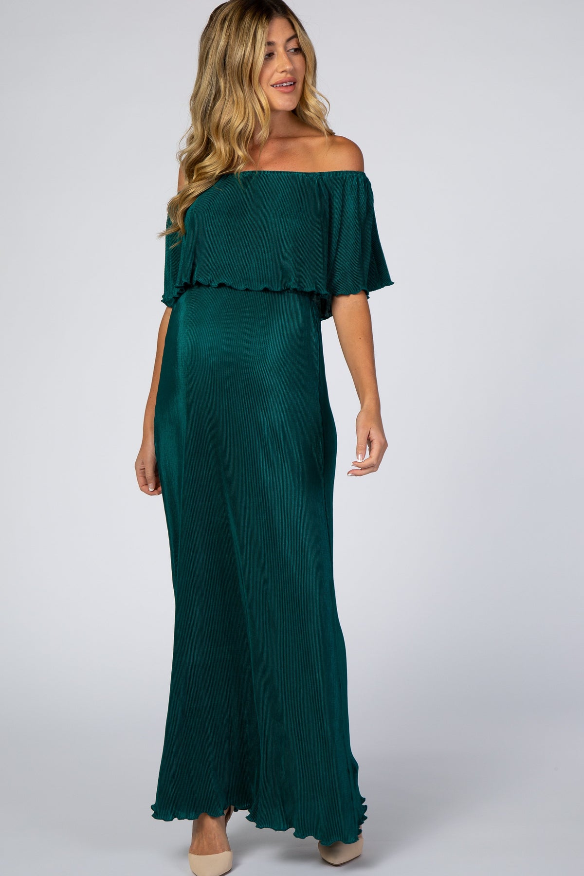 Forest Green Pleated Ruffle Off Shoulder Maternity Maxi Dress by PinkBlush