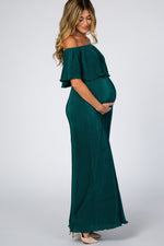 Forest Green Pleated Ruffle Off Shoulder Maternity Maxi Dress by PinkBlush