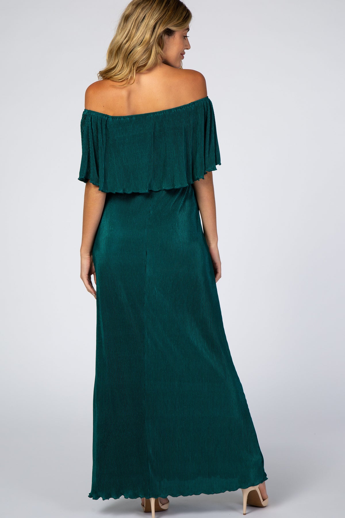 Forest Green Pleated Ruffle Off Shoulder Maternity Maxi Dress by PinkBlush