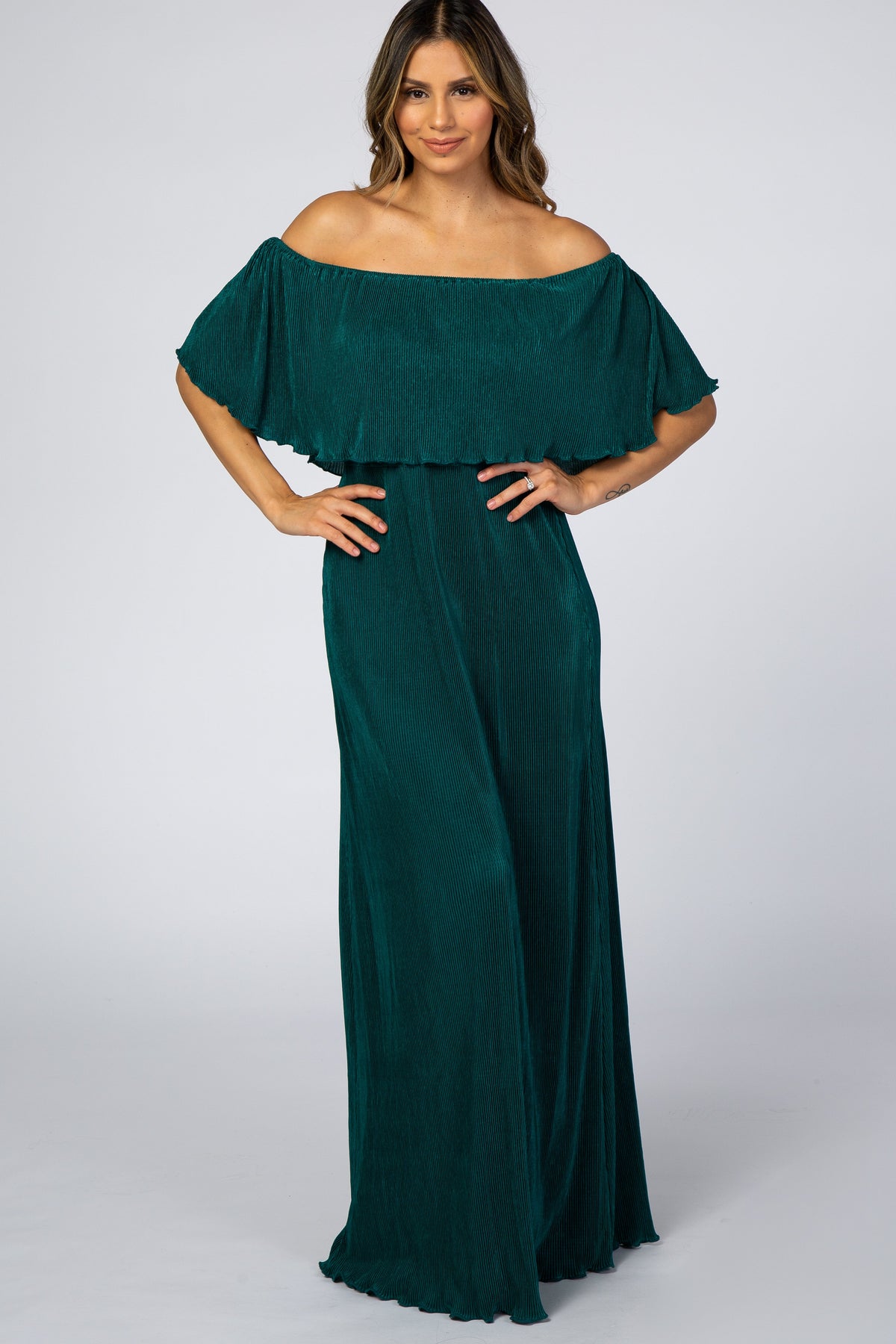 Forest Green Pleated Ruffle Off Shoulder Maternity Maxi Dress by PinkBlush
