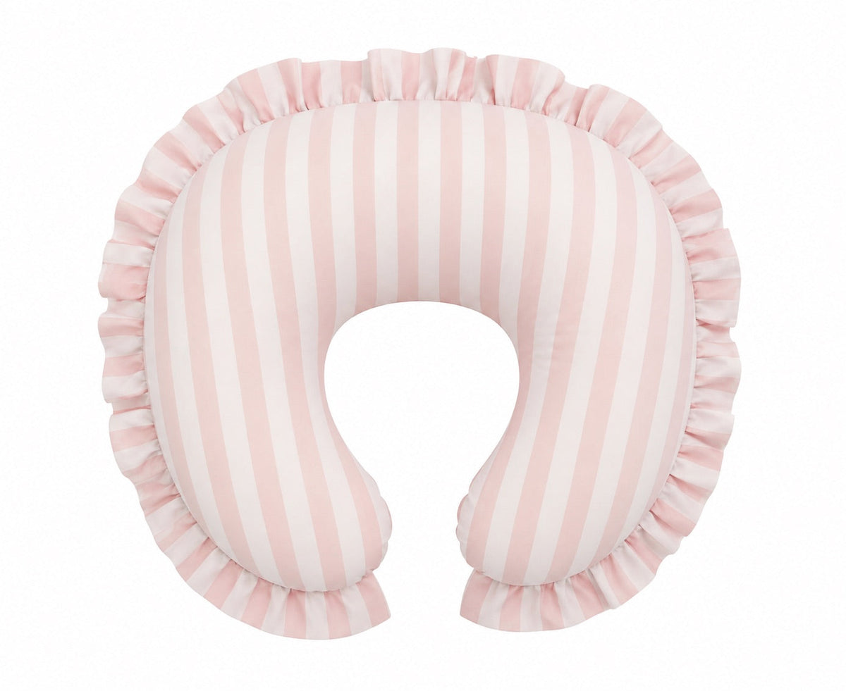 Pink and white striped nursing pillow cover with ruffle trim edging