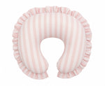 Pink and white striped nursing pillow cover with ruffle trim edging