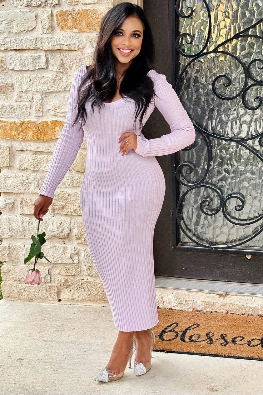 Lavender V-Neck Long Sleeve Fitted Maxi Dress by PinkBlush (view 5 of 8)