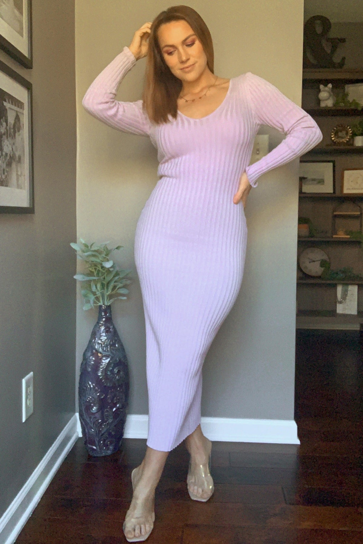 Lavender V-Neck Long Sleeve Fitted Maxi Dress by PinkBlush (view 6 of 8)