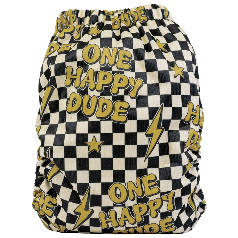 Slim fit pocket cloth diaper with "One Happy Dude" checkered pattern design.