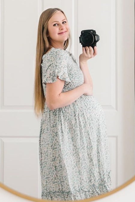 Light Blue Floral Ruffle Maternity Midi Dress by PinkBlush at Everetts Place