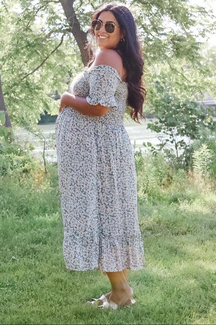 Light Blue Floral Ruffle Maternity Midi Dress by PinkBlush at Everetts Place
