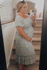 Light Blue Floral Ruffle Maternity Midi Dress by PinkBlush (view 9 of 14)
