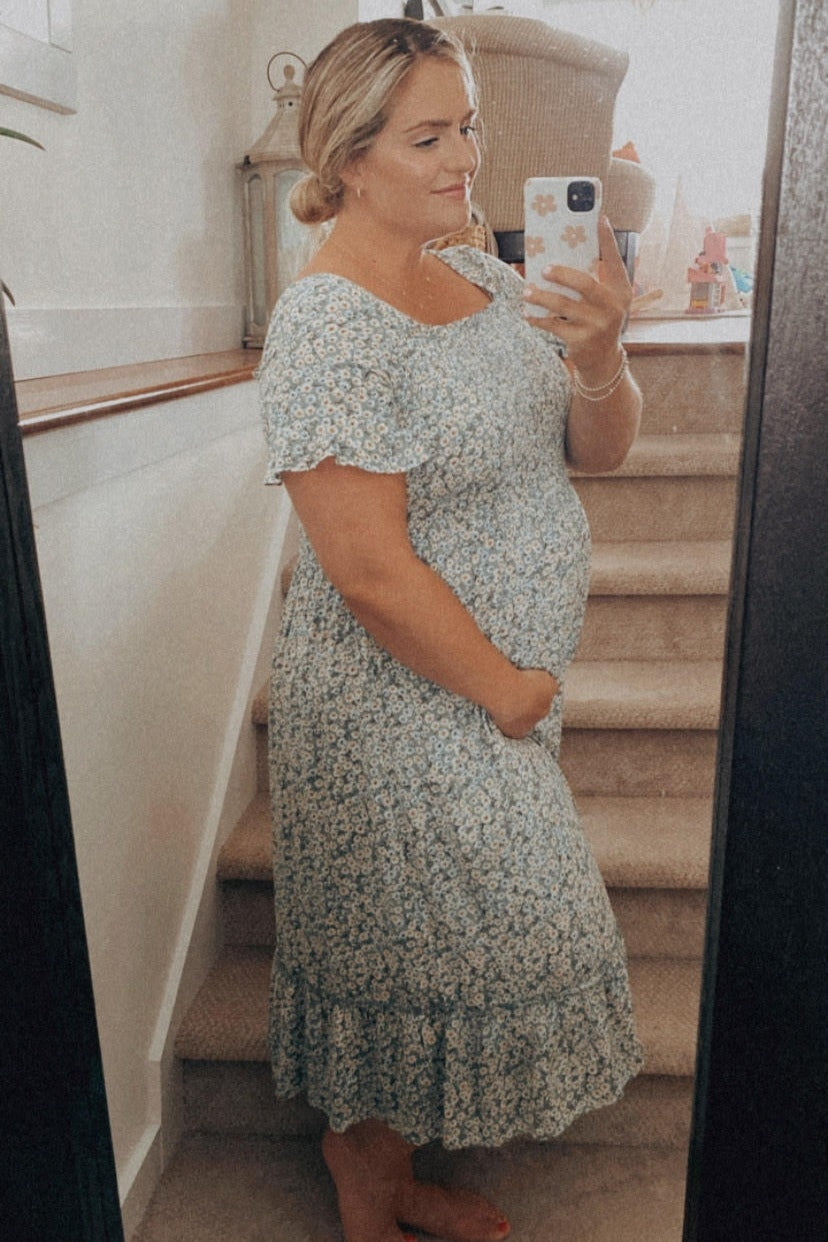 Light Blue Floral Ruffle Maternity Midi Dress by PinkBlush (view 9 of 14)