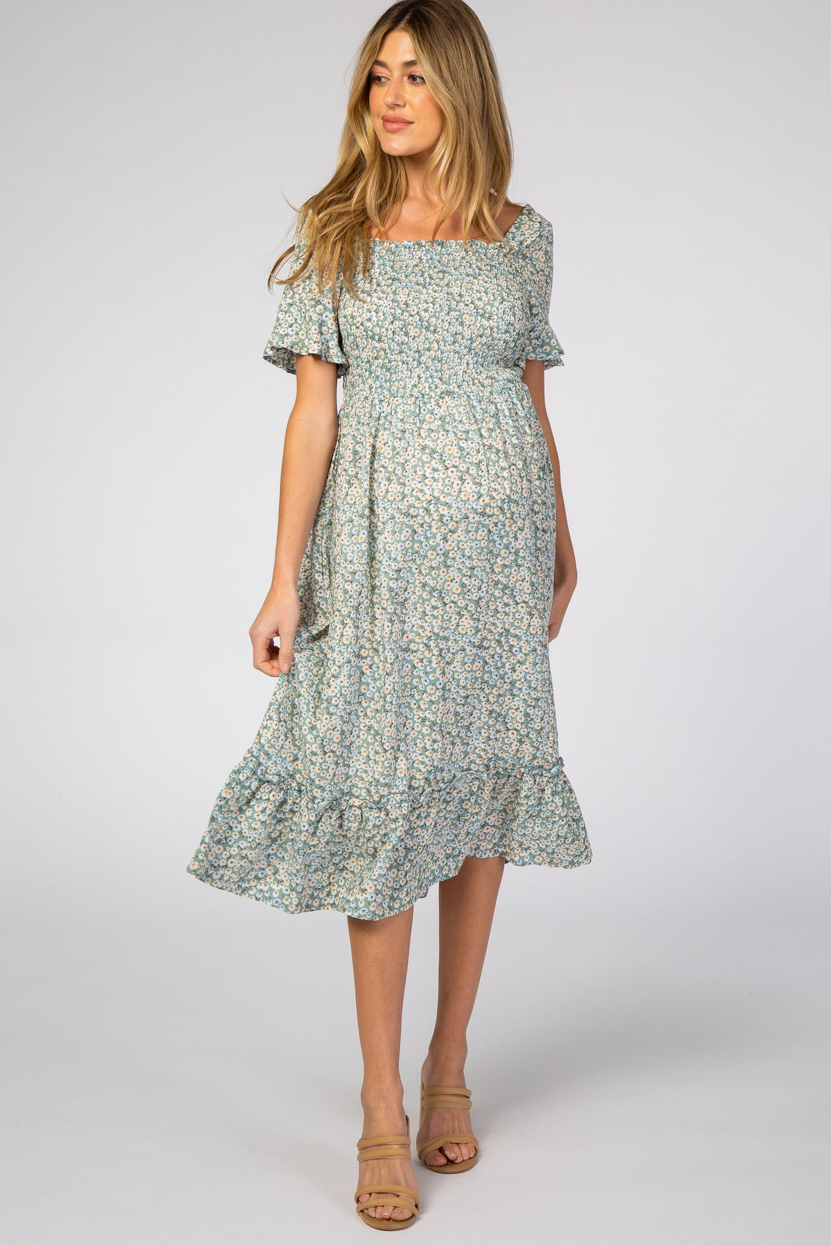 Light Blue Floral Ruffle Maternity Midi Dress by PinkBlush (view 1 of 14)