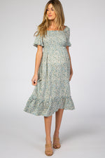 Light Blue Floral Ruffle Maternity Midi Dress by PinkBlush (view 1 of 14)