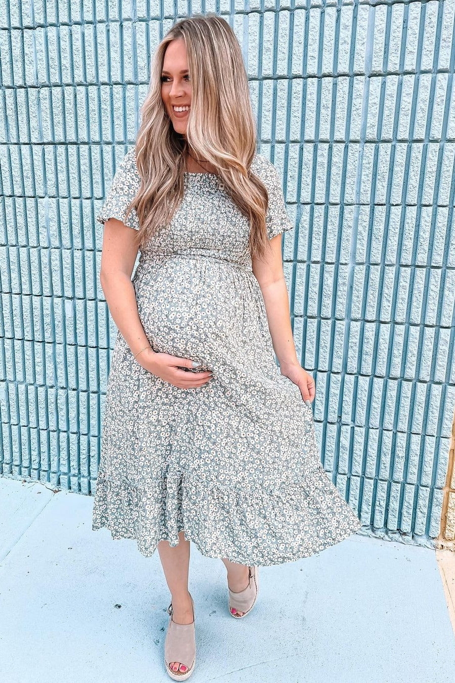Light Blue Floral Ruffle Maternity Midi Dress by PinkBlush (view 11 of 14)
