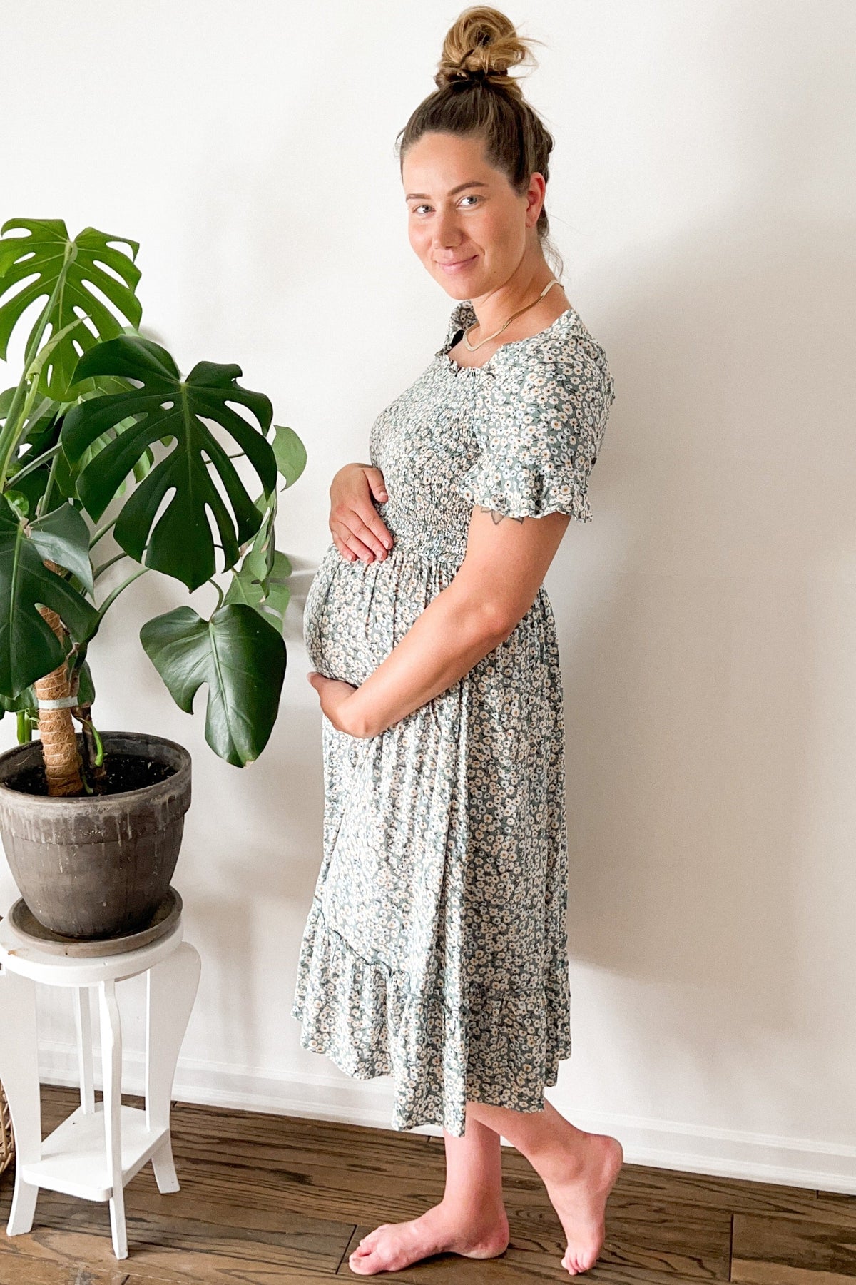 Light Blue Floral Ruffle Maternity Midi Dress by PinkBlush (view 12 of 14)