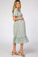 Light Blue Floral Ruffle Maternity Midi Dress by PinkBlush (view 2 of 14)