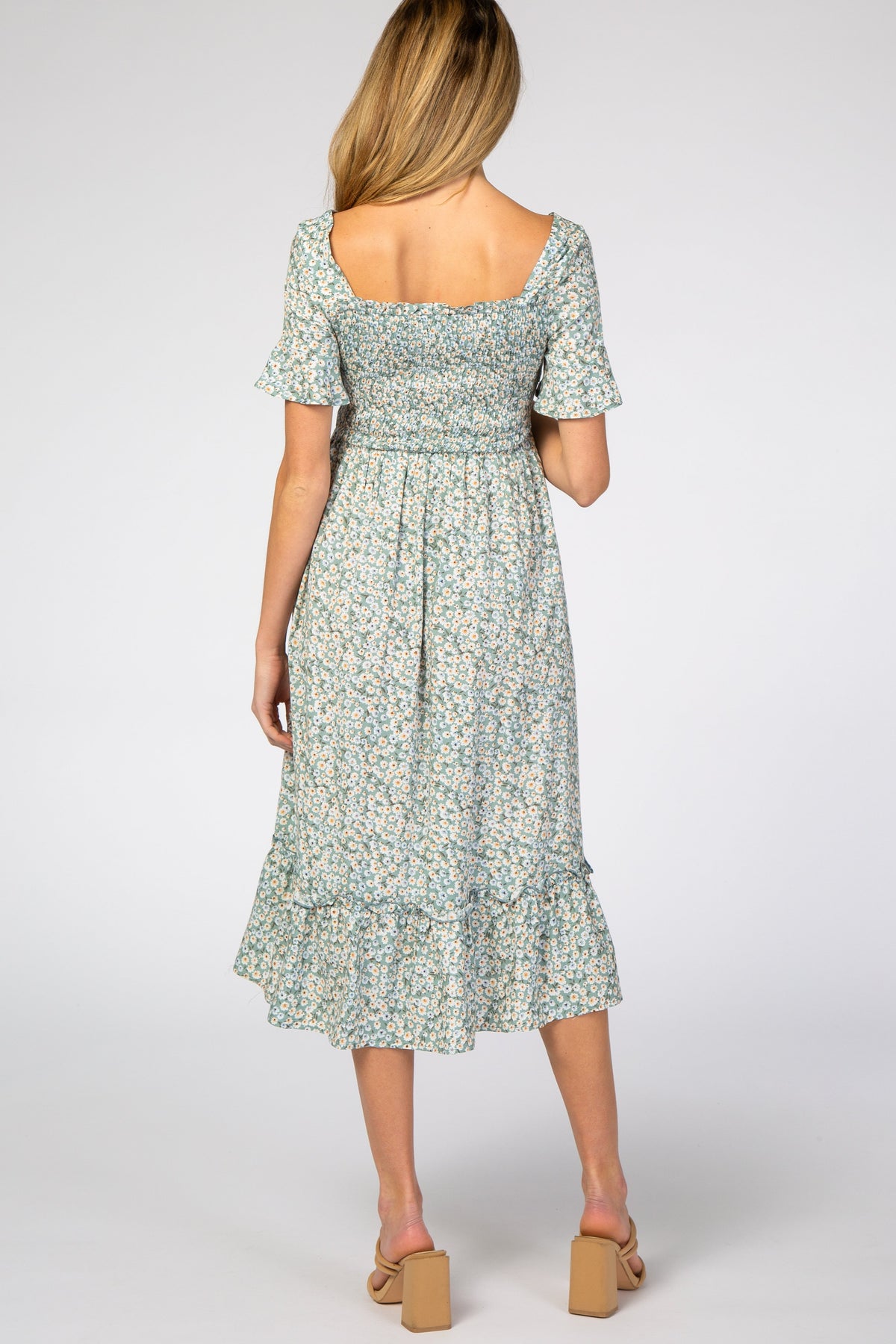 Light Blue Floral Ruffle Maternity Midi Dress by PinkBlush (view 3 of 14)