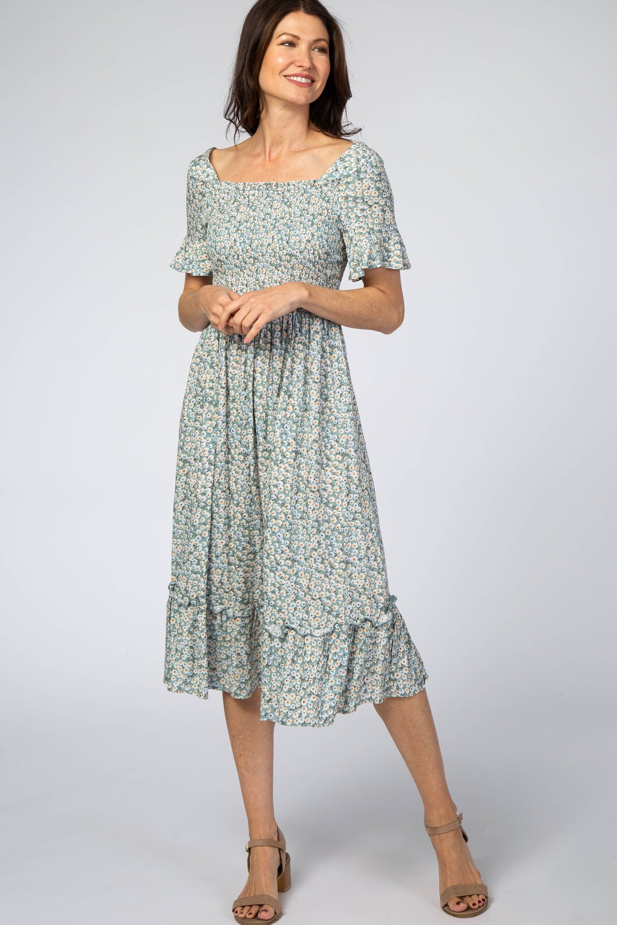 Light Blue Floral Ruffle Maternity Midi Dress by PinkBlush (view 14 of 14)
