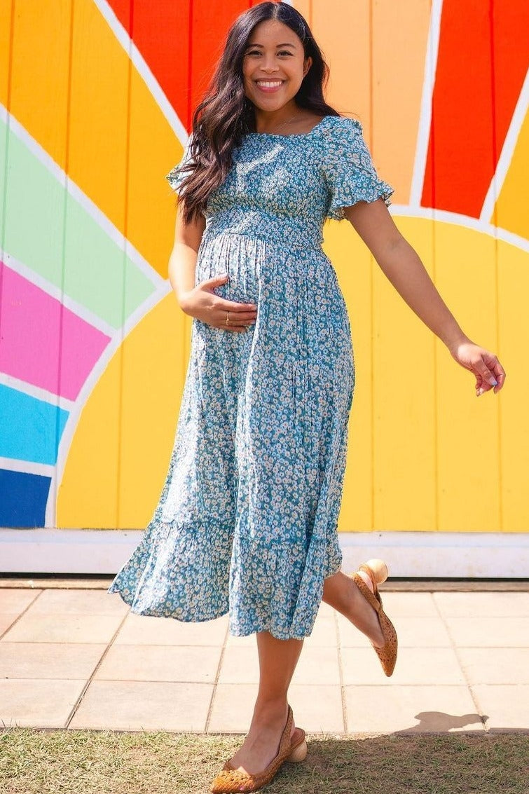 Light Blue Floral Ruffle Maternity Midi Dress by PinkBlush at Everetts Place