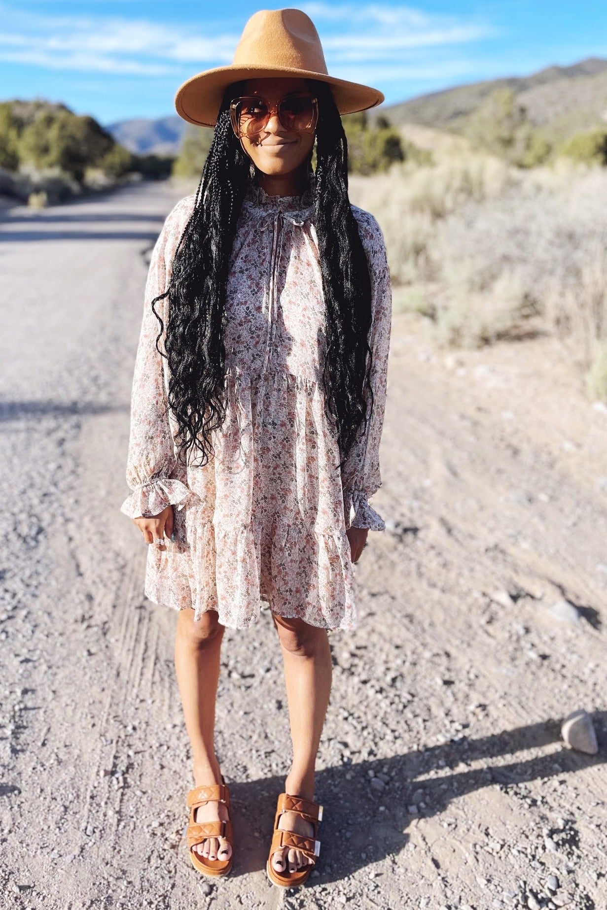Cream Floral Chiffon Ruffle Hem Long Sleeve Dress
