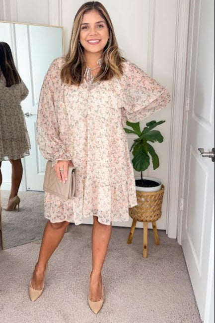 Cream Floral Chiffon Ruffle Hem Long Sleeve Dress by PinkBlush