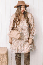 Cream Floral Chiffon Ruffle Hem Long Sleeve Dress by PinkBlush