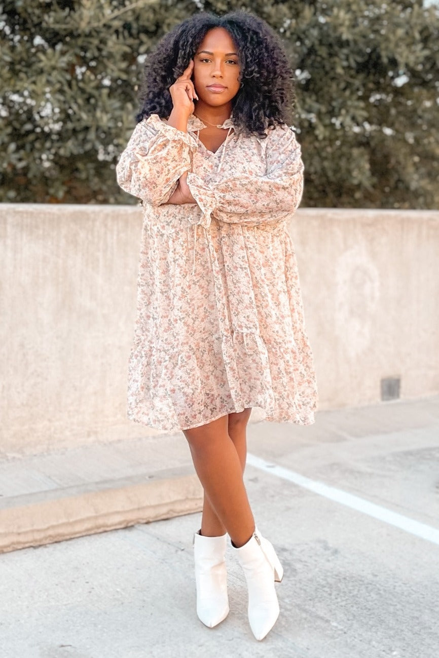 Cream Floral Chiffon Ruffle Hem Long Sleeve Dress by PinkBlush