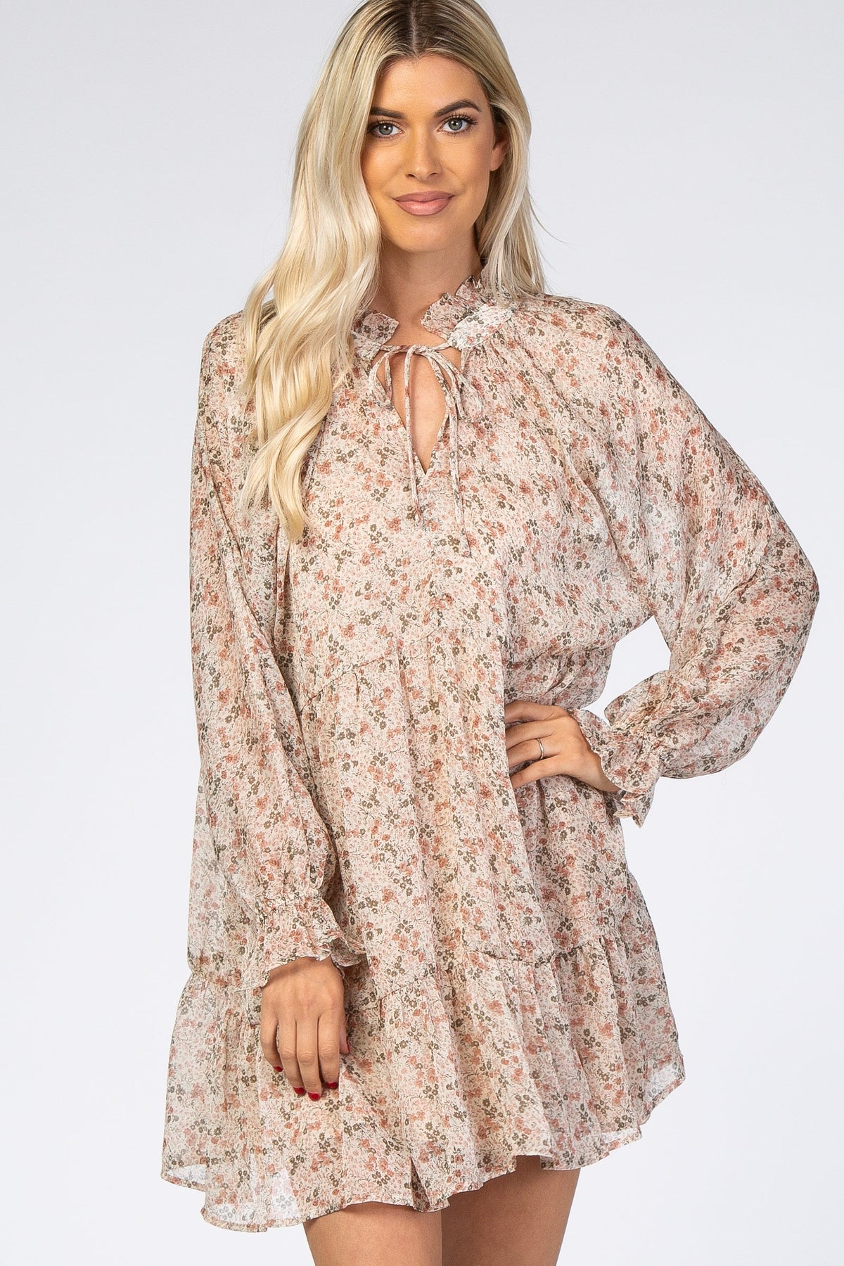 Cream Floral Chiffon Ruffle Hem Long Sleeve Dress by PinkBlush