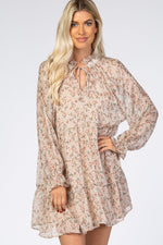 Cream Floral Chiffon Ruffle Hem Long Sleeve Dress by PinkBlush
