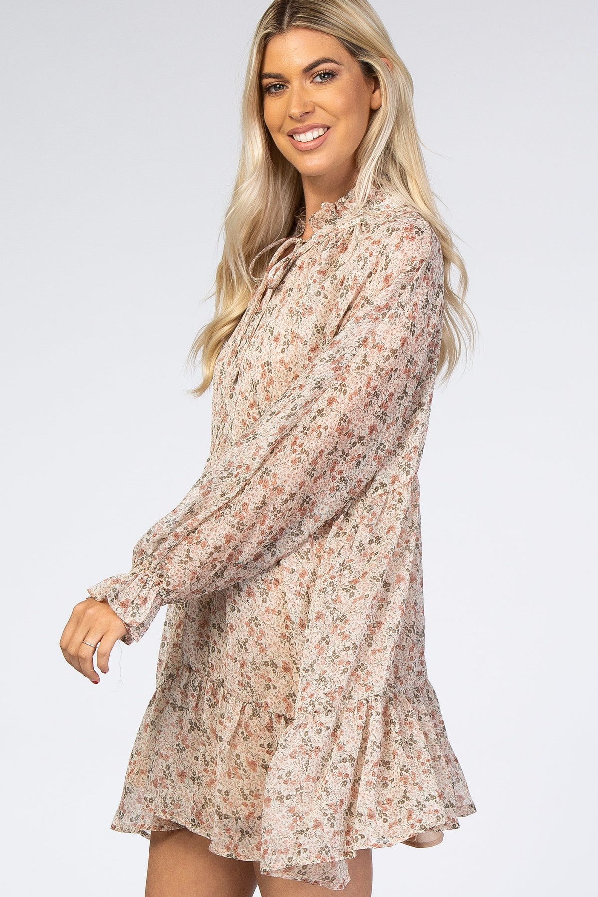 Cream Floral Chiffon Ruffle Hem Long Sleeve Dress by PinkBlush