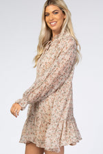 Cream Floral Chiffon Ruffle Hem Long Sleeve Dress by PinkBlush