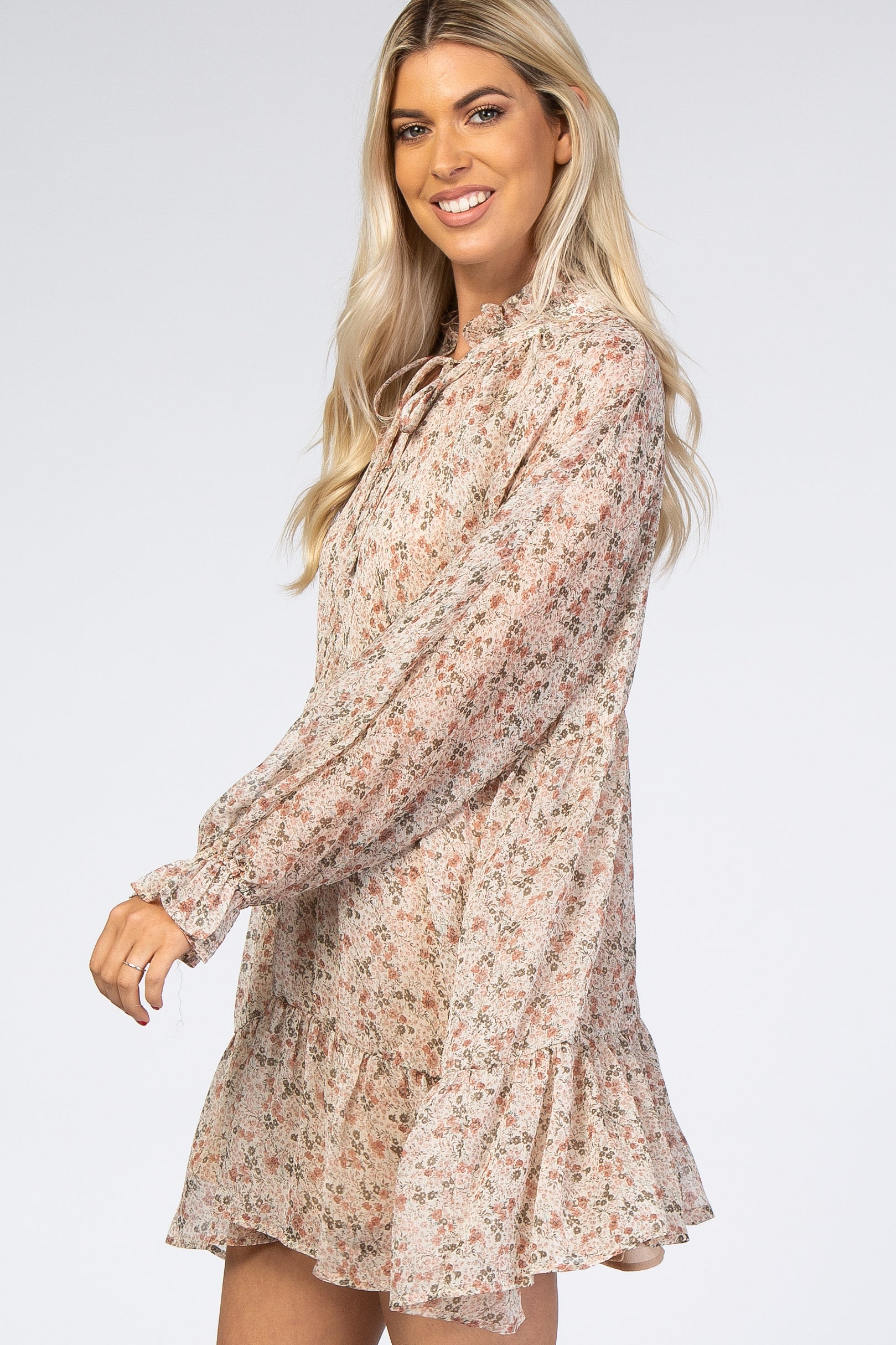 Cream Floral Chiffon Ruffle Hem Long Sleeve Dress by PinkBlush