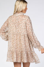 Cream Floral Chiffon Ruffle Hem Long Sleeve Dress by PinkBlush