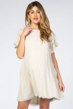 Cream Frayed Trim Back Keyhole Linen Maternity Dress PinkBlush 