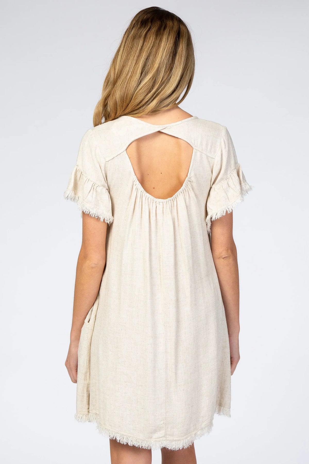 Cream Frayed Trim Back Keyhole Linen Maternity Dress PinkBlush 