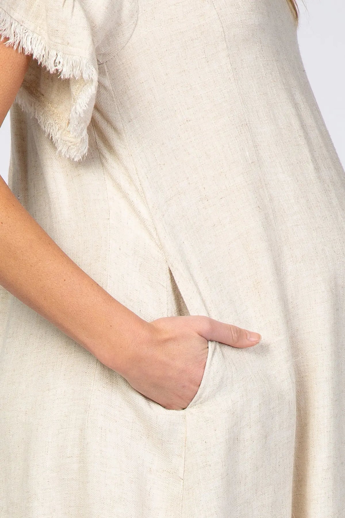 Cream Frayed Trim Back Keyhole Linen Maternity Dress PinkBlush 