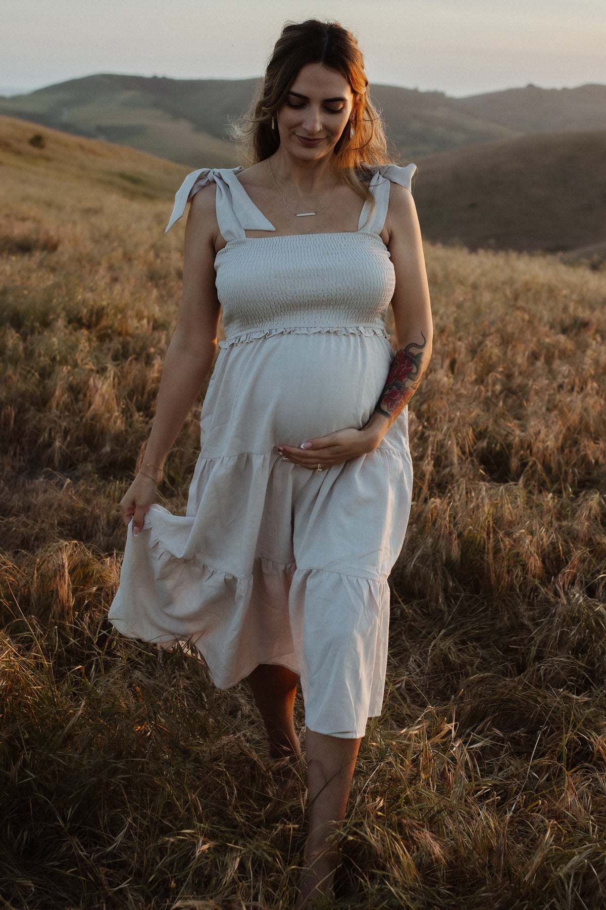 Flowy Bow Strap Tiered Maternity Midi Dress by PinkBlush (view 2 of 13)