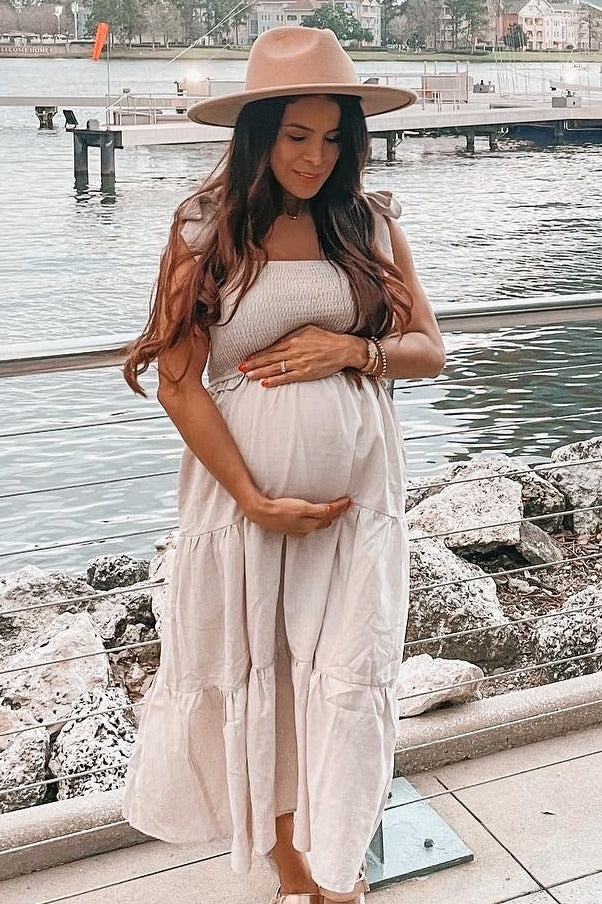 Flowy Bow Strap Tiered Maternity Midi Dress by PinkBlush (view 1 of 13)