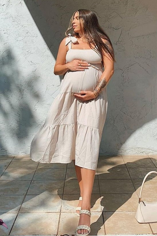 Flowy Bow Strap Tiered Maternity Midi Dress by PinkBlush (view 3 of 13)