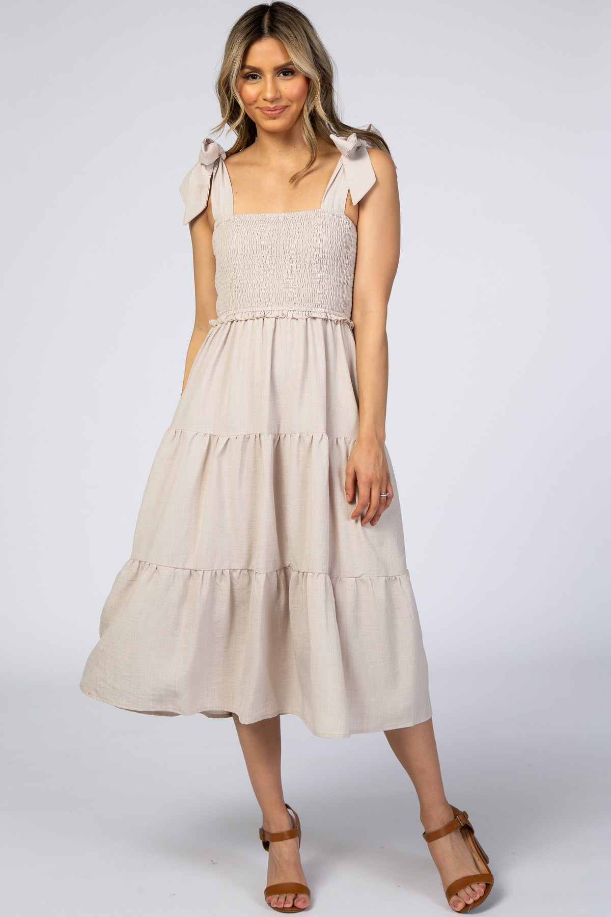 Day Cocktail Tiered Midi Dress with Bow Straps by PinkBlush (view 1 of 9)